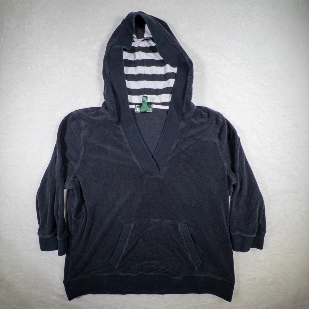 Lauren Ralph Lauren Active Velour‎ Hoodie V Neck Striped Lined Pockets XL